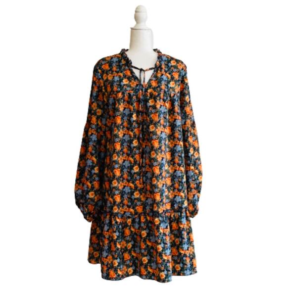 Kirundo Dress Floral Print Long Sleeve Tie Neck Ruffle Boho Swing Mini Large - Picture 2 of 12
